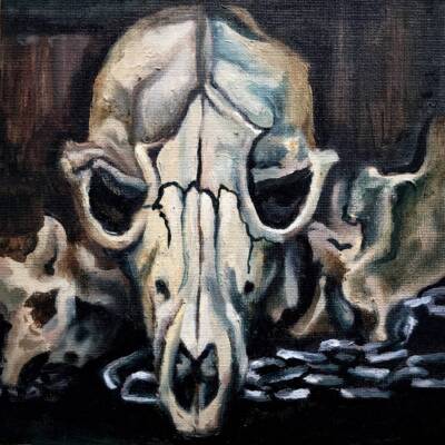 Fox Skull [Still Life] – Oil Painting by Draca Wilford
